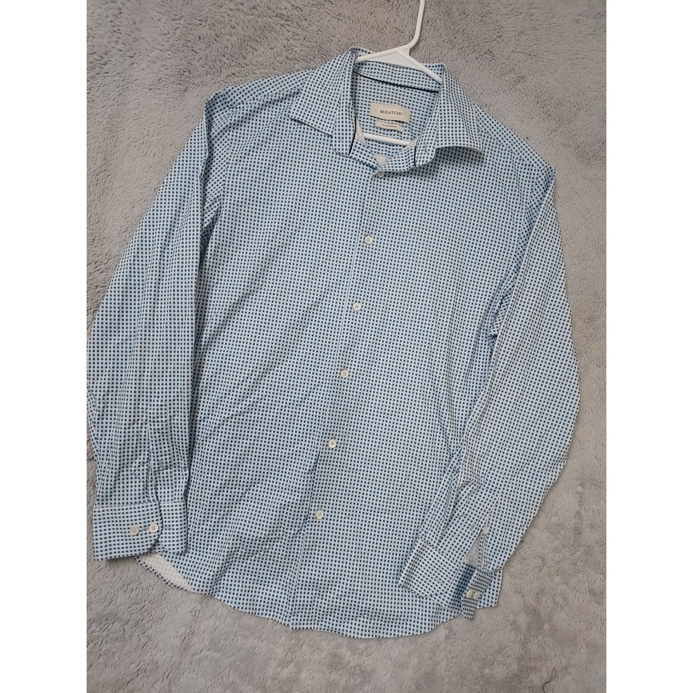 Bugatchi Shirt Mens Large James Pin Check OoohCotton 8 Way Stretch Gingham Blue